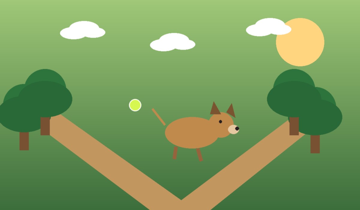 Happy golden dog playing fetch with a yellow tennis ball in a sunny green park with trees and winding paths